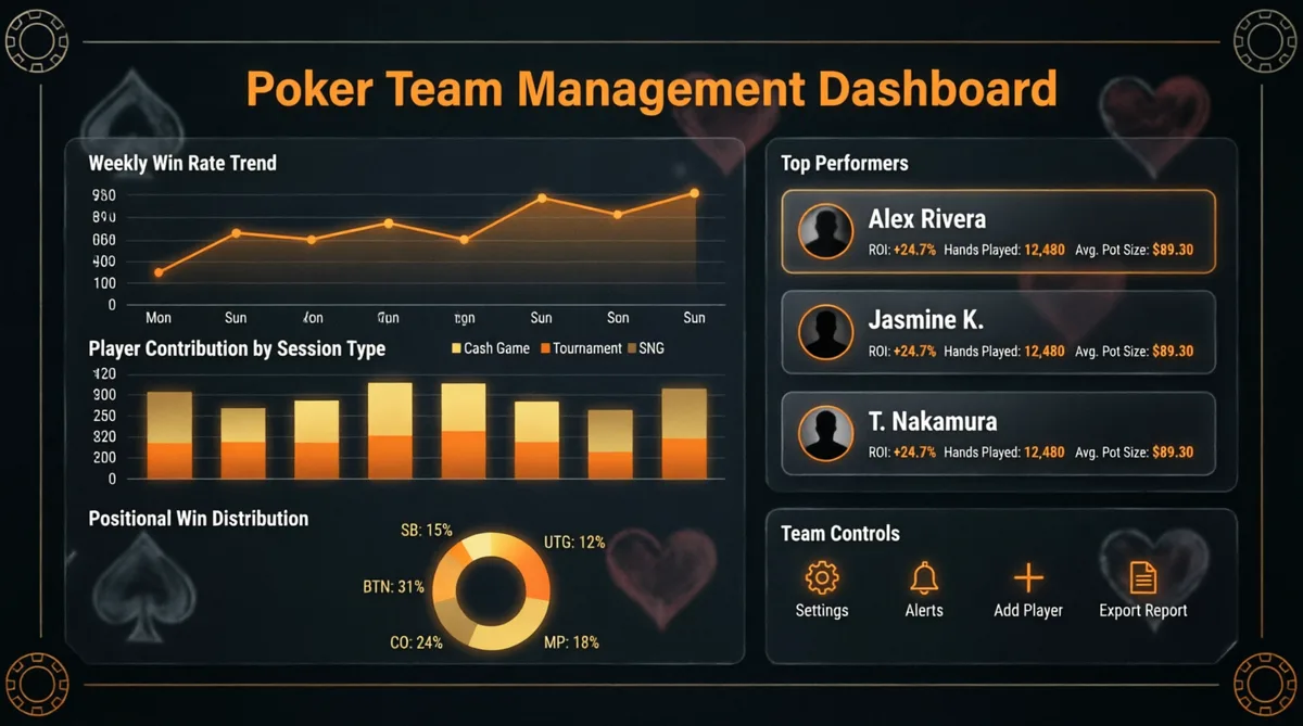 Dashboard de gestão de time de poker com métricas e rankings